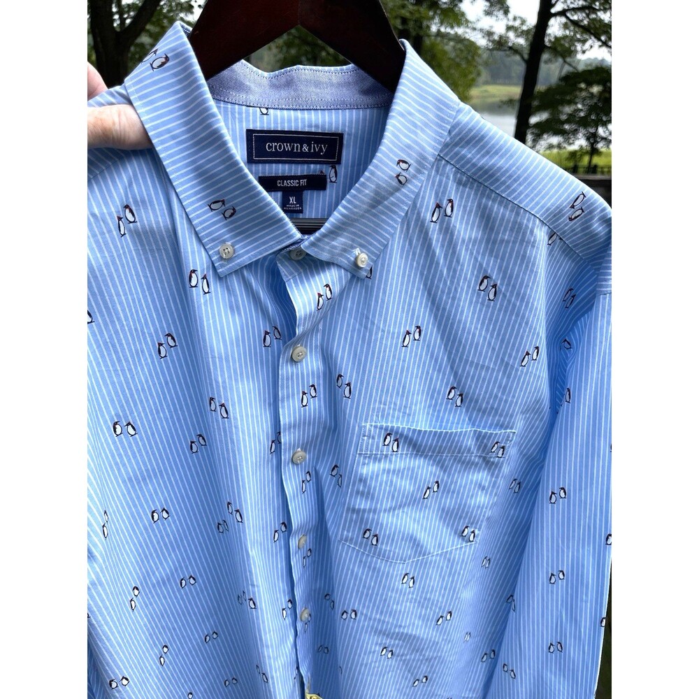 Crown & Ivy Shirt Blue Stripe w Penguins Novelty Dry Clean Tag Attached Mens XL